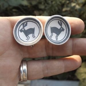 LJ Signed ceramic rabbit bowl screw back earrings.